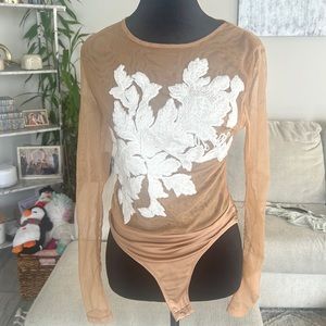 Mesh bodysuit white lace embellished